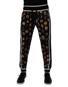 Dolce & Gabbana Black Religious Print Silk Men Jogger Pants