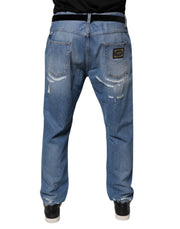 Dolce & Gabbana Blue Tattered Straight Cotton Denim Jeans