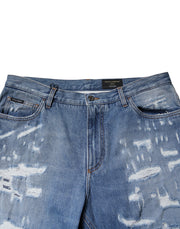 Dolce & Gabbana Blue Tattered Straight Cotton Denim Jeans