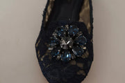 Dolce & Gabbana Blue Crystal Loafer Lace Ballet Flats Shoes