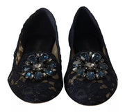 Dolce & Gabbana Blue Crystal Loafer Lace Ballet Flats Shoes
