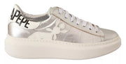 Patrizia Pepe Silver Full Grain Leather Lace Up Sneakers Shoes
