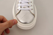 Patrizia Pepe Silver Full Grain Leather Lace Up Sneakers Shoes