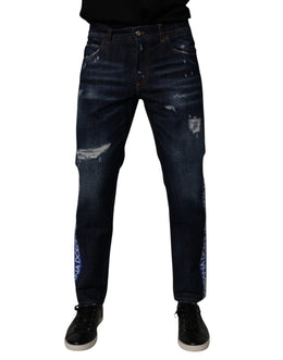 Dolce & Gabbana Dark Blue Cotton Tattered Skinny Denim Jeans