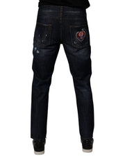 Dolce & Gabbana Dark Blue Cotton Tattered Skinny Denim Jeans