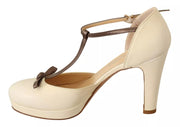 SERGIO LEVANTESI Beige T-Strap Block Heels Pumps Leather Shoes