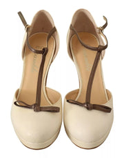 SERGIO LEVANTESI Beige T-Strap Block Heels Pumps Leather Shoes