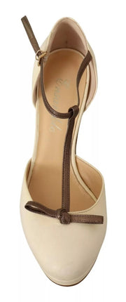 SERGIO LEVANTESI Beige T-Strap Block Heels Pumps Leather Shoes