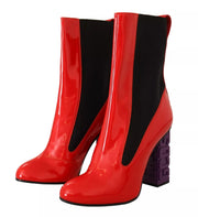 GCDS Red Leather Black Fabric Logo Heel Ankle Boots Shoes