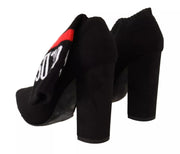 GCDS Black Suede Logo Socks Block Heel Ankle Boots Shoes