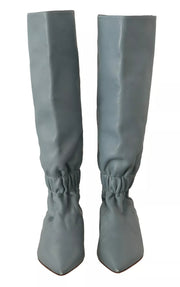 Valentino Blue Leather Elastic Flats Pull On Knee High Boots Shoes