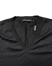 Dolce & Gabbana Dark Gray Silk V-neck Short Sleeves T-shirt