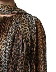 Dolce & Gabbana Brown Leopard Print Scarf Collared Chiffon Dress