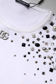 Dolce & Gabbana White Embellished Long Sleeve Cropped Sweater