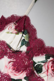 Dolce & Gabbana White Rose Print Satin Lace Tank Top Lingerie