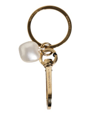 Dolce & Gabbana Chic Gold Brass Faux Pearl Letter Charm Keyring Keychain