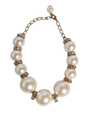 Dolce & Gabbana White Maxi Faux Pearl Beads Crystals Gold Chain Necklace