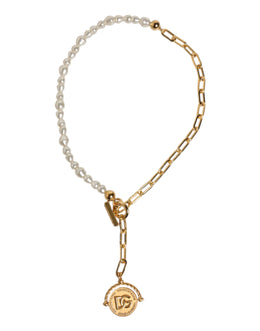 Dolce & Gabbana Gold Chain Brass Faux Pearl Charm Logo Pendant Necklace