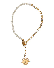 Dolce & Gabbana Gold Chain Brass Faux Pearl Charm Logo Pendant Necklace