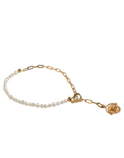 Dolce & Gabbana Gold Chain Brass Faux Pearl Charm Logo Pendant Necklace
