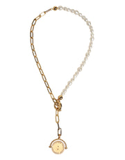 Dolce & Gabbana Gold Chain Brass Faux Pearl Charm Logo Pendant Necklace