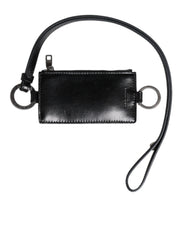 Dolce & Gabbana Black Leather Logo Embossed Lanyard Card Holder Wallet