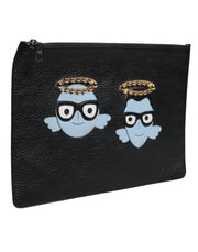 Dolce & Gabbana Black Leather #DGFAMILY Embellished Men Zip Pouch Bag