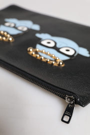 Dolce & Gabbana Black Leather #DGFAMILY Embellished Men Zip Pouch Bag