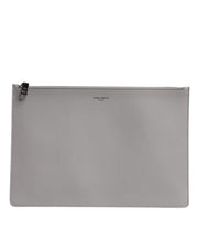 Dolce & Gabbana Gray Solid Leather DG Logo Men Clutch Zip Pouch Bag