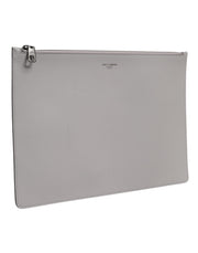 Dolce & Gabbana Gray Solid Leather DG Logo Men Clutch Zip Pouch Bag