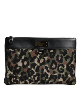 Dolce & Gabbana Multicolor Leopard Jacquard Print Logo Plaque Pouch Bag