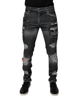 Dolce & Gabbana Dark Gray Tattered Cotton Skinny Denim Jeans