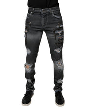 Dolce & Gabbana Dark Gray Tattered Cotton Skinny Denim Jeans