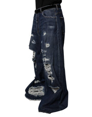 Dolce & Gabbana Dark Blue Tattered Wide Leg Men Denim Jeans