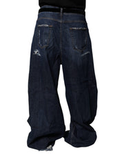 Dolce & Gabbana Dark Blue Tattered Wide Leg Men Denim Jeans