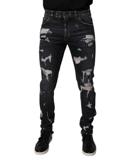 Dolce & Gabbana Black Tattered Cotton Skinny Men Denim Jeans
