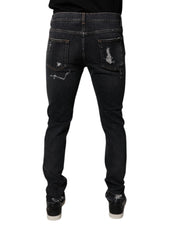 Dolce & Gabbana Black Tattered Cotton Skinny Men Denim Jeans