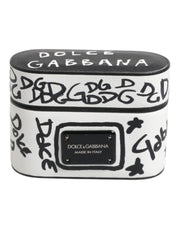 Dolce & Gabbana Black White Leather Scribble Embossed Logo Airpods Case