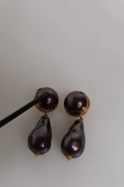 Dolce & Gabbana Gold Brass Black Pearl Clip On Dangling Jewelry Earrings