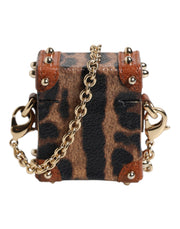 Dolce & Gabbana Brown Leopard Metal Logo Plaque Gold Chain Airpods Case