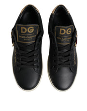 Dolce & Gabbana Black Leather Gold Red Heart Sneakers Shoes