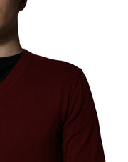Dolce & Gabbana Maroon Cashmere V-neck Men Pullover Sweater