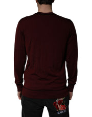 Dolce & Gabbana Maroon Cashmere V-neck Men Pullover Sweater