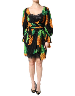 Dolce & Gabbana Black Silk Pineapple Draped Print Wrap Dress
