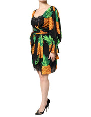 Dolce & Gabbana Black Silk Pineapple Draped Print Wrap Dress