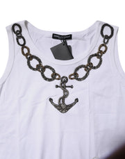 Dolce & Gabbana White Cotton Anchor Chain Embroidery Tank Top