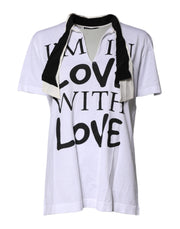 Dolce & Gabbana White Cotton Silk Blend Ascot Collar T-shirt