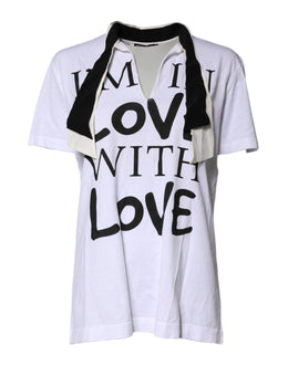 Dolce & Gabbana White Cotton Silk Blend Ascot Collar T-shirt