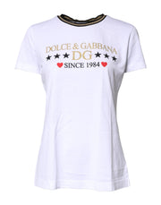 Dolce & Gabbana White Printed Round Neck Top Cotton T-shirt