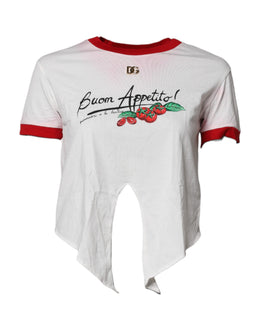 Dolce & Gabbana White Printed Round Neck Cropped Top T-shirt